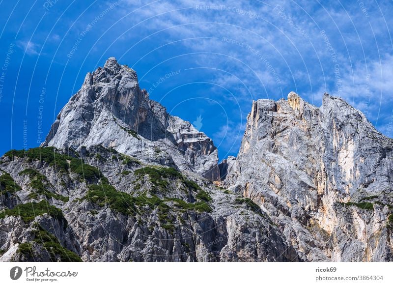 Blick auf die Mühlsturzhörner im Berchtesgadener Land Ramsauer Dolomiten Klausbachtal Alpen Gebirge Bayern Berg Baum Wald Landschaft Natur Wolken Himmel grün