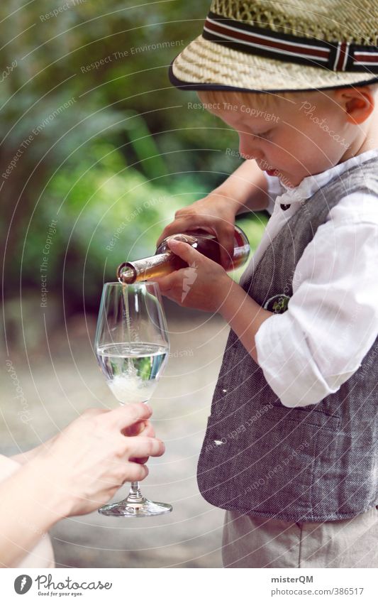 Schenker. Kunst ästhetisch Zufriedenheit Kind Zeremonie Hochzeit Nachkommen Hut Kindermode eingießen füllen Sirup Glas Weste schön niedlich Kleinkind Landhaus