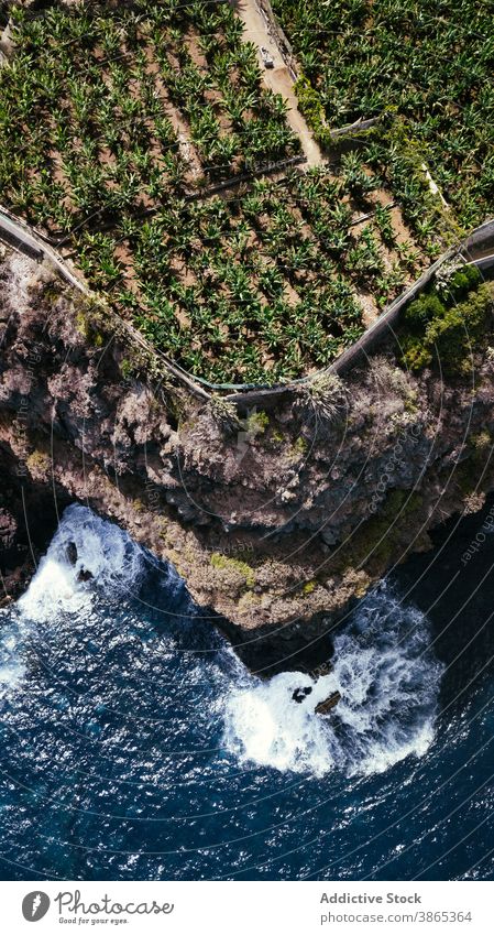 Meereswellen brechen gegen felsige Klippe MEER winken Küste Felsen platschen schäumen Kraft Natur tropisch Wasser Landschaft Energie rau malerisch Ufer