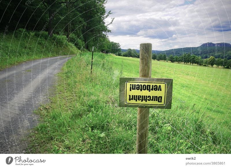 Da stehste Kopf Landschaft Weg Wald Wiese Himmel Wolken bewölkt Sachsen Elbsandsteingebirge Zaun Pfahl Absperrung Schild Verbotsschild 180° Kopfstand gedreht