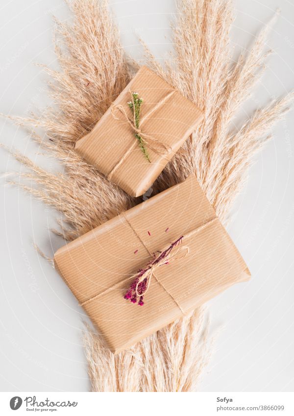 In Bastelpapier eingewickelte Geschenkkartons mit Trockenblumen Herbst Kasten null Geburtstag Weihnachten Hintergrund geben getrocknet Blume Überraschung