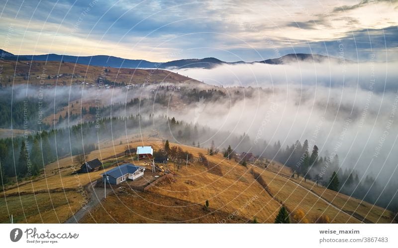 November Vormittag. Morgennebel im Bergtal. Wald von niedrigen Wolken bedeckt. Nebliger Herbstwald Berge u. Gebirge Nebel Natur Baum reisen im Freien Saison