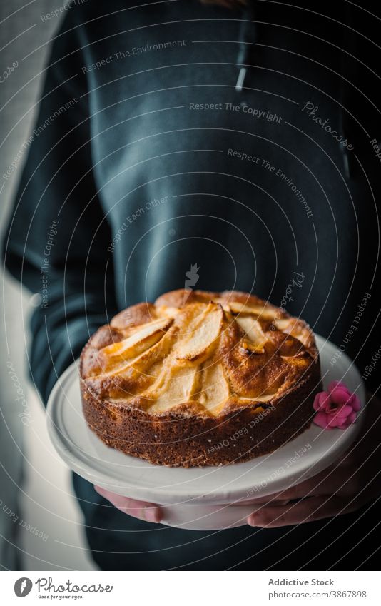 Hausfrau mit leckerem Apfelkuchen Kuchen backen selbstgemacht süß Pasteten aromatisch Lebensmittel Dessert Gebäck gebacken geschmackvoll frisch Küche