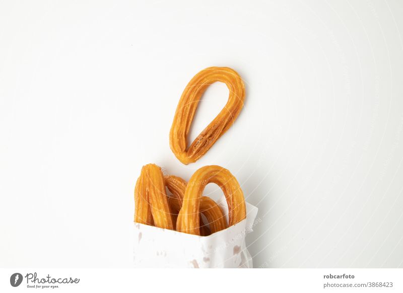 köstliche Churros zum Einnehmen mit heißer Schokolade Spanisch Snack Frühstück Hintergrund traditionell gebraten braun Bäckerei mexikanisch Biskuit Kaffee