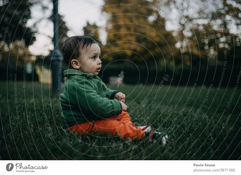 Kleinkind spielt auf dem Rasen authentisch Herbst herbstlich Gras Kind Park Farbfoto Mensch Herbstfärbung Außenaufnahme Herbstlaub Spielen 1-3 Jahre Natur Tag