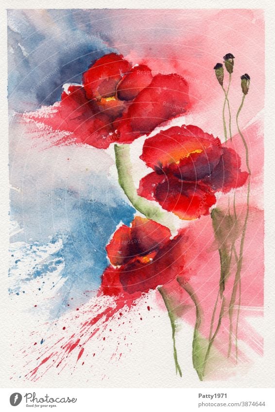 Aquarellmalerei. Drei abstrakte Mohnblüten mit Farbspritzer Blume Blüte Klatschmohn Kreativität malen Kunst Wasserfarbe Freizeit & Hobby zeichnen Gemälde