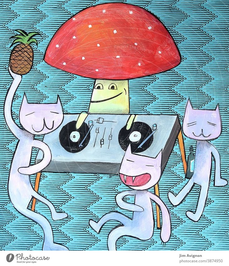 Kleine Party Zusammengehörigkeitsgefühl Tanzen Zusammensein dj Musik Cocktail Katze Fliegenpilz Pilz Grafik u. Illustration Tiere trinken Feier Muster