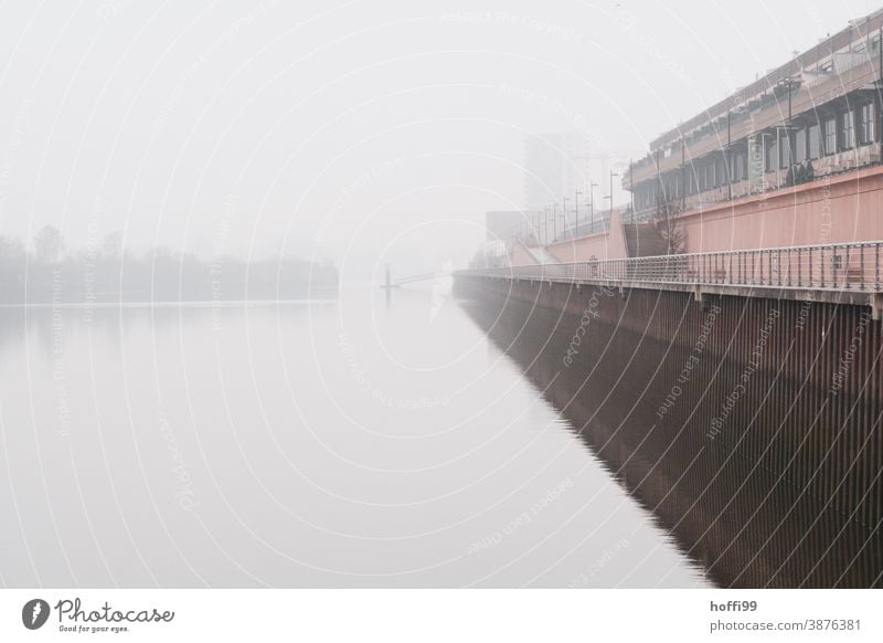 Nebel am Kai im Hafen Fähre herbstnebel Herbstwetter Nebelschleier Pier Winter Wetter Steg Lampe Anlegestelle Wasser Schifffahrt Flussufer Bucht Hafeneinfahrt