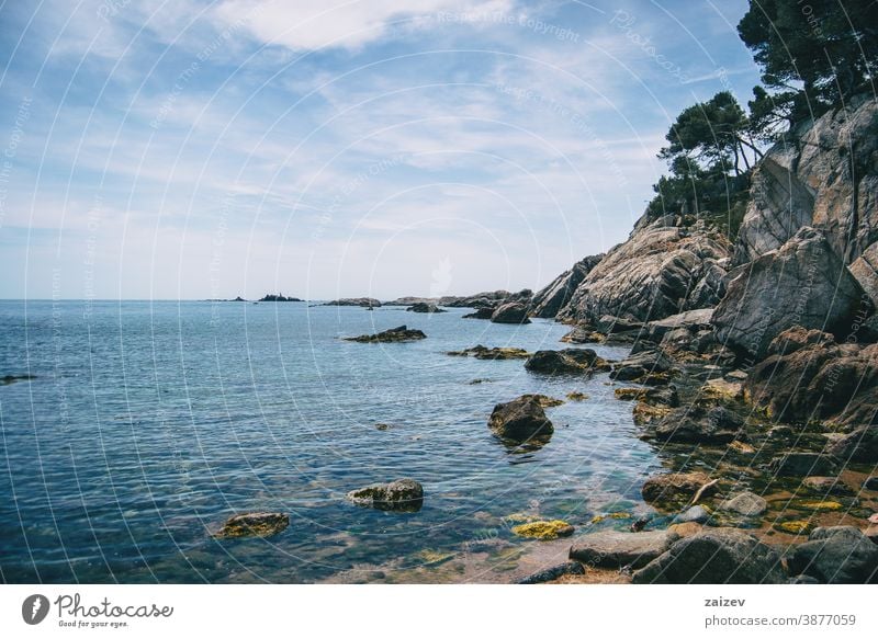 Landschaft eines kleinen Kieselstrandes umgeben von Felsen mit Vegetation Costa Brava calella de palafrugell Palamos Ansichten MEER Wasser mediterran Katalonien