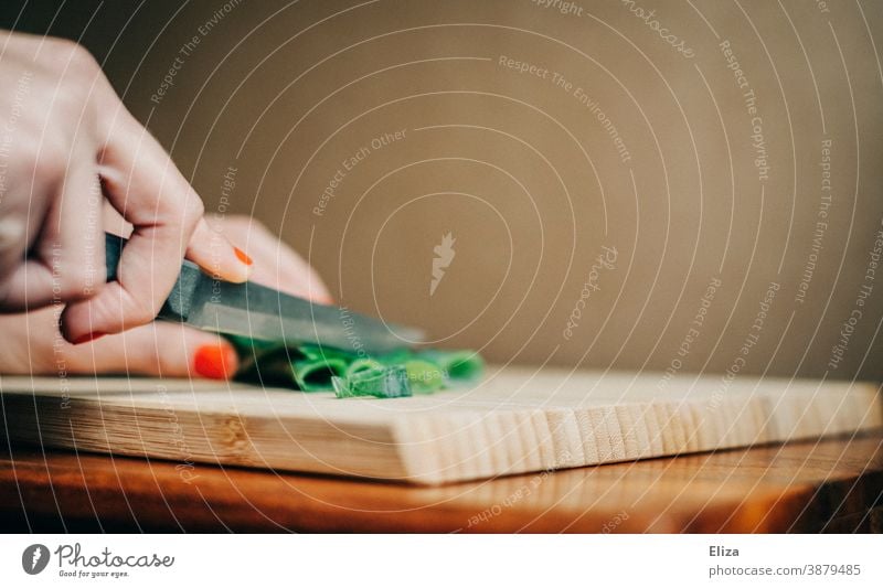 Frauenhände schneiden Frühlingszwiebeln auf einem Schneidebrett Zubereitung Essen kochen frisch Hände Küche Essen zubereiten Messer Lebensmittel Bambusbrett