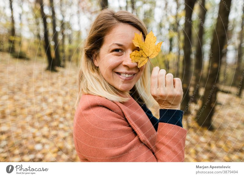 Junge Frau hält gelbes Herbstlaub im Wald 30s Erwachsener schön Schönheit blond Kaukasier heiter Farbe niedlich genießen fallen Laubwerk frisch Spaß Mädchen