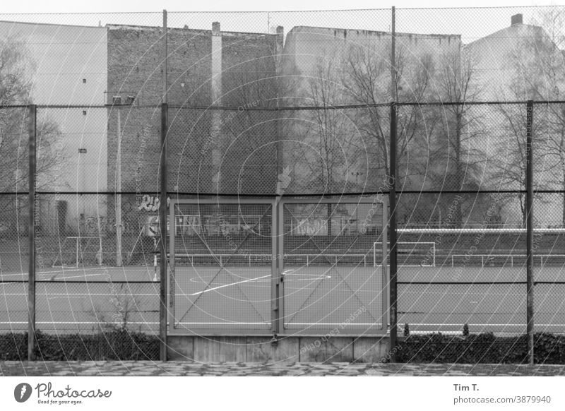 ein Sportplatz in Berlin Wedding wedding Himmel Zaun Platz Fußballplatz Ballsport Freizeit & Hobby Sportstätten Außenaufnahme Tag Spielfeld Winter black/white