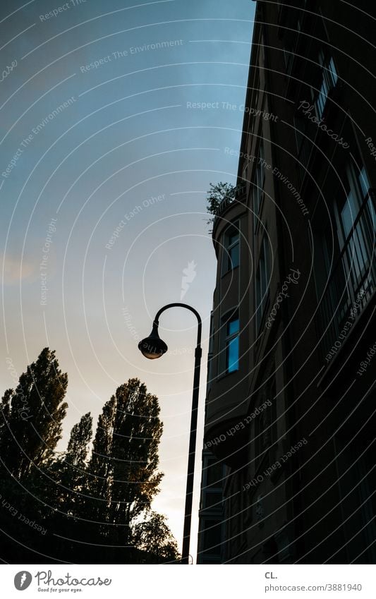 straßenlaterne Straßenlaterne Laterne Laternenpfahl Haus Himmel Froschperspektive Schönes Wetter Baum Dämmerung dunkel Außenaufnahme Straßenbeleuchtung