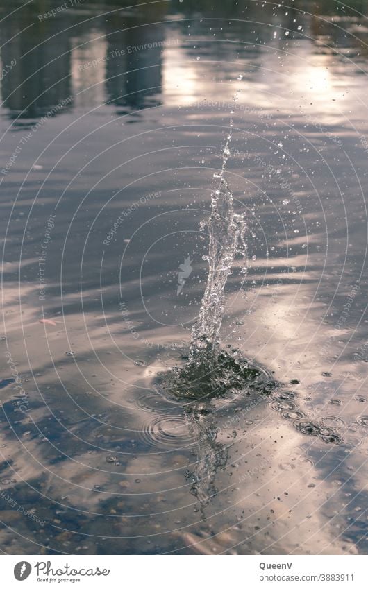 Wasserspritze mit Spiegelungen am Wasser von Gebäude und Himmel Spritzer Wasserspritzer Bewegung Wassertropfen frisch Reflexion & Spiegelung Sonnenlicht blau