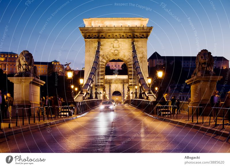 Kettenbrücke bei Nacht in Budapest, Ungarn Straße anketten Brücke szechenyi Großstadt Abend Abenddämmerung Dämmerung urban Landschaft Verkehr Lichter beleuchtet