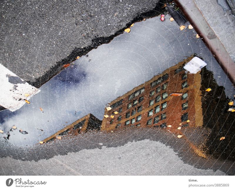 Höhen und Tiefen Haus Hochhaus pfütze straße spiegelung reflexion absatzkante aspahlt teer bordstein blätter müll streifen Verkehrszeichen himmel sonnig nass