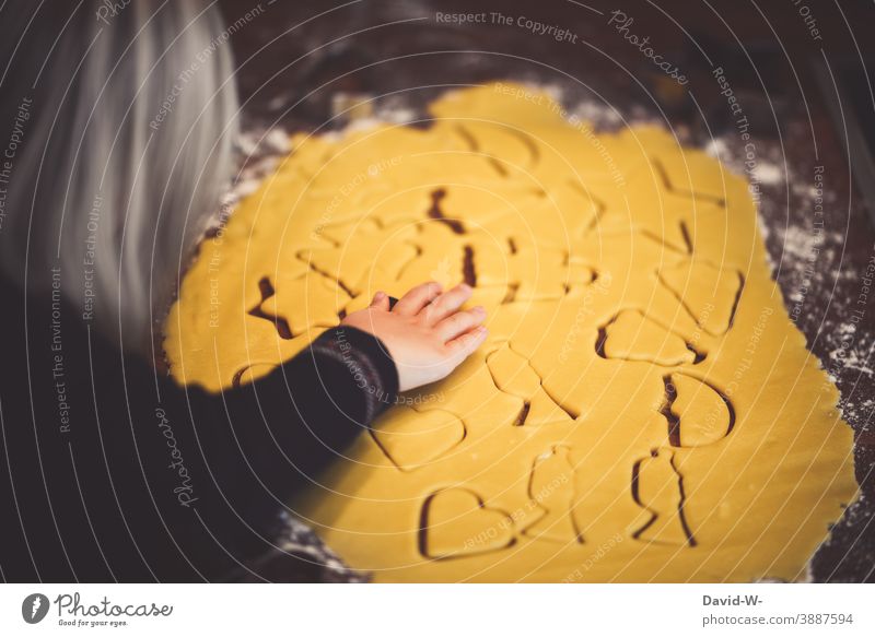 in der Weihnachtsbäckerei - Kind sticht Plätzchen auf Plätzchenteig mit Ausstechformen aus Weihnachten & Advent Mädchen niedlich konzentriert fleißig