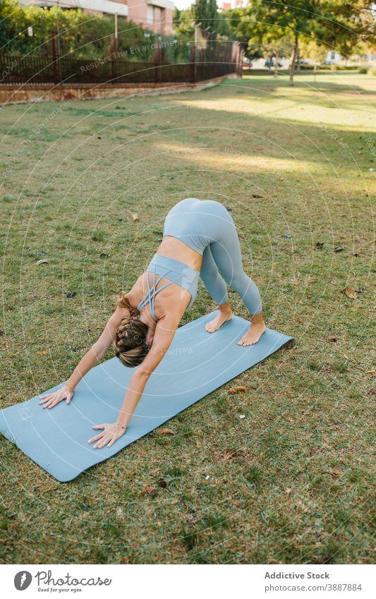 Frau macht Downward Facing Dog Yoga-Pose im Park nach unten gerichteter Hund adho mukha svanasana Asana üben Wegbiegung weitergeben Wellness Lifestyle Harmonie