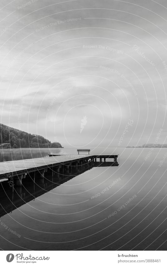 Parkbank auf Holzsteg, Stille am See, Lieblingsplatz Natur Wasser Außenaufnahme ruhig Landschaft Reflexion & Spiegelung Menschenleer Umwelt Seeufer Idylle