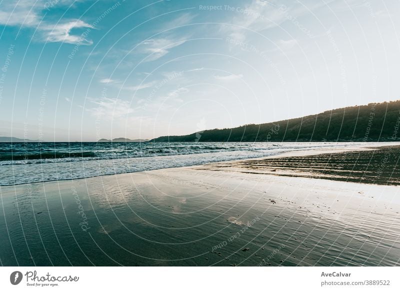 Horizontale Aufnahme eines massiven Strandes im Sommer malerisch Natur Baum Meer Windstille Urlaub Feiertag Himmel idylli Wasser Landschaft sonnig Lagune Bucht