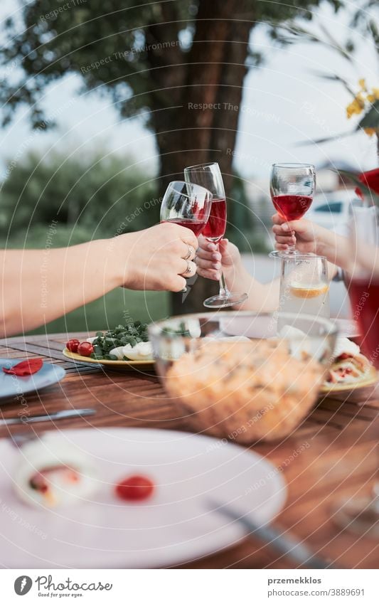 Familie macht Toast während des Sommers beim Abendessen im Freien in einem Hausgarten heimwärts Festessen habend Picknick Lebensmittel Mann Zusammensein Frau