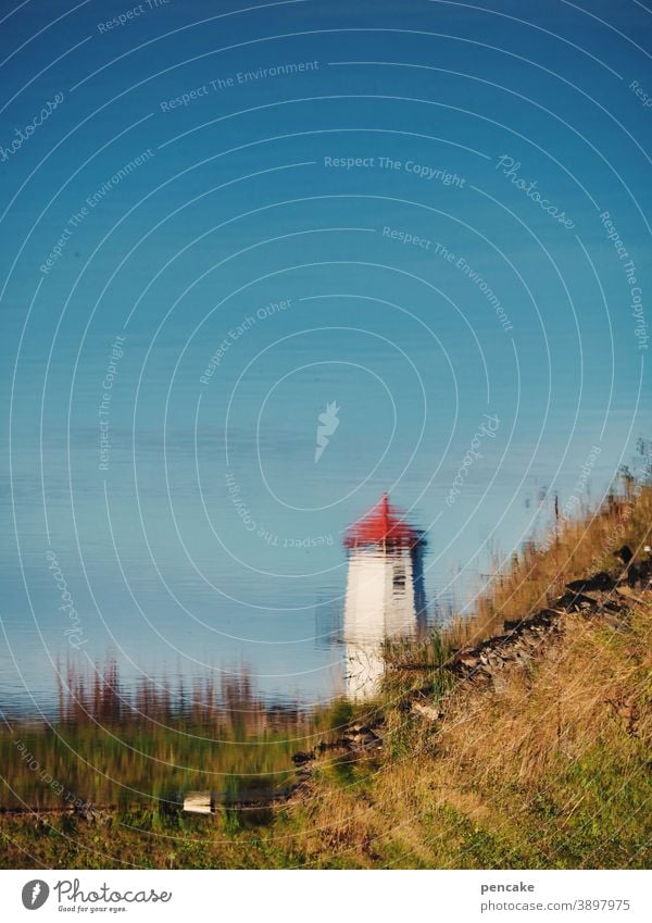 kleine leuchte Leuchtturm Norwegen Fjord Spiegelung Oslo Felsen Schäre Oslofjord rotes Dach putzig Zwerg blau Himmel Natur Landschaft Meer