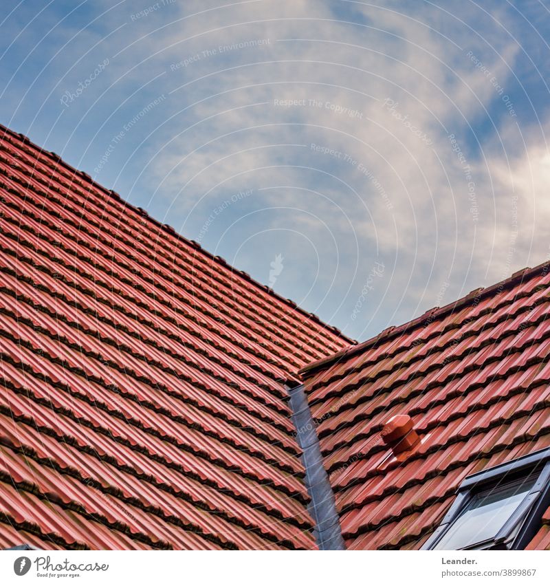 Dach Ziegeldach rot Sommer sommerlich Himmel Fenster