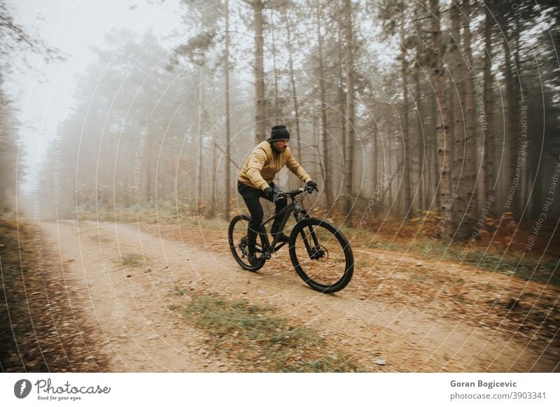 Junger Mann radelt durch den Herbstwald Wald Fahrrad Natur Zyklus Mitfahrgelegenheit Radfahrer Biker Radfahren Lifestyle im Freien Sport Übung Nachlauf