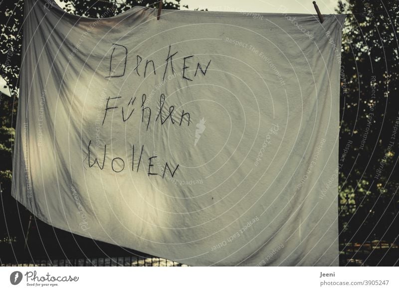 Denken | Fühlen | Wollen | Text auf einem Bettlaken an der Wäscheleine denken fühlen wollen Gefühle Gedanke Gedanken Willensstärke Willenskraft Meinung