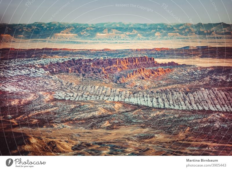 Luftaufnahme der Landschaft des Arche Nationalparks, Utah Bögen Antenne Luftbild Schichten Stimmung Sonnenaufgang Arches National Park reisen Bogen Natur