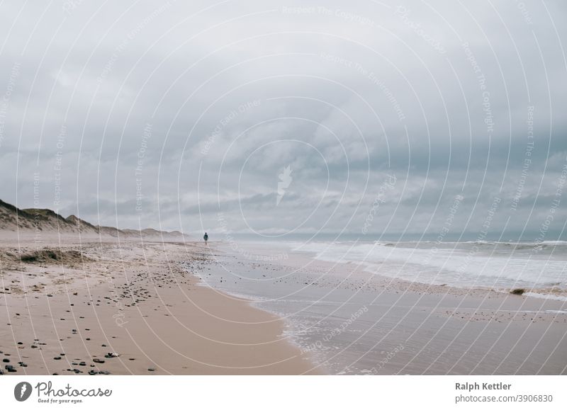 Wanderer am Strand der Nordsee in Dänemark Meer Sturm Urlaub digital Ferien Reisen Landschaft Küste Natur Wolken Wellen