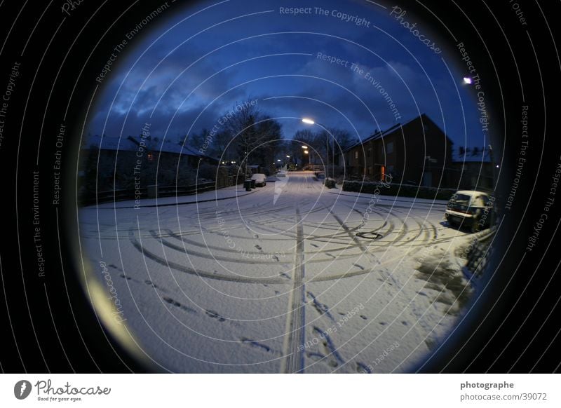 Village sous la neige Winter Dorf Fischauge Verzerrung Morgen Schnee