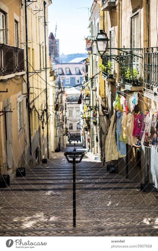 mediterrane straße mit himmel und wäsche portugal Lissabon Wäsche Leine Himmel gehweg Kabel Kabelsalat Laterne Tageslicht tag stufen Seitenstraße Farbfoto Stadt