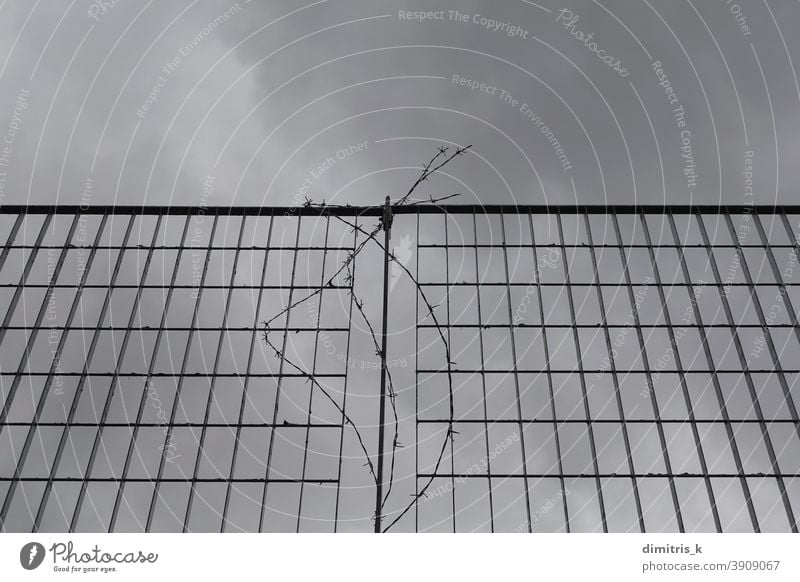 Metallzaun und Stacheldraht ineinander greifen Zaun bügeln Felder Muster mit Stacheln versehen Draht grau wolkig Himmel Rechtecke Linien bedeckt Barriere