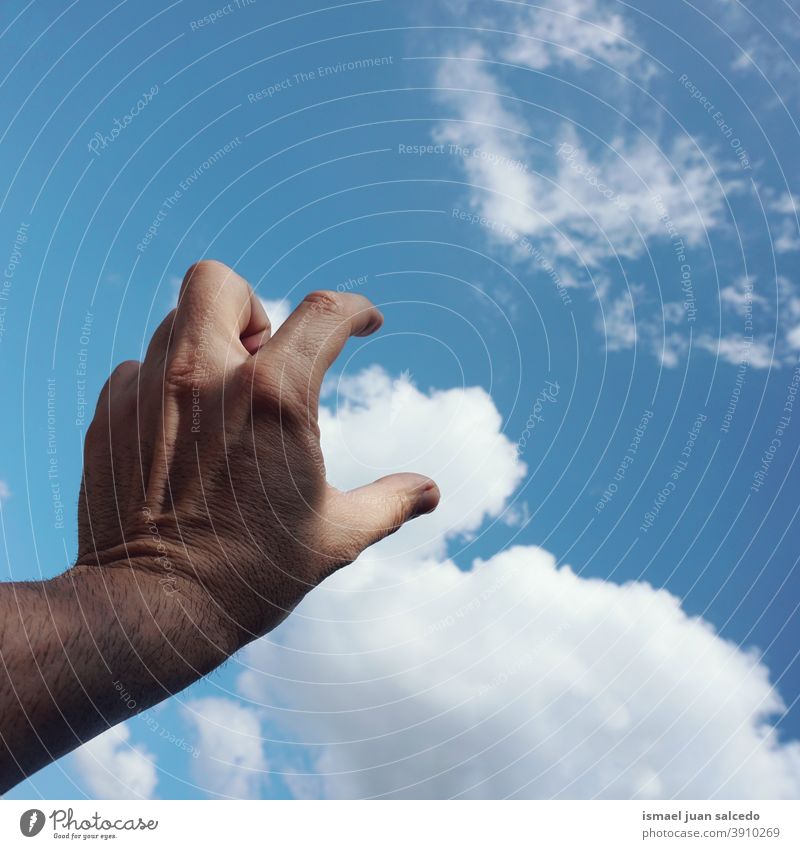 Hand und Wolken Arme Finger Haut Handfläche Körperteil Himmel blau berührend Gefühl erreichend Zeigen Erreichen gestikulieren gestikulierend Konzept Freiheit