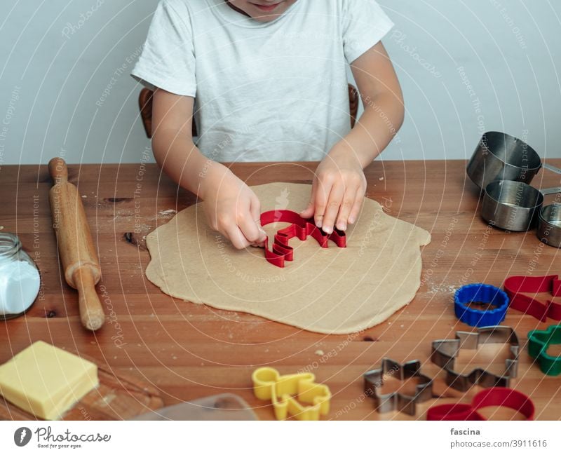 Sohn in der Küche beim Kekse backen Weihnachten Cookies Essen zubereiten Vorbereitung Hirsche Kind Familie Junge Lebkuchen Kaukasier Gebäck Mehl Spaß süß