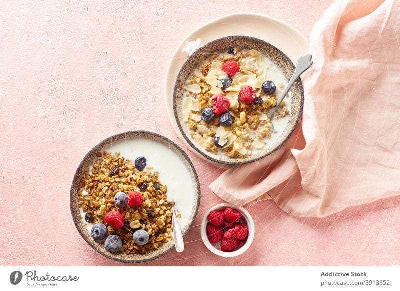 Frühstück mit Müsli, Beeren und Milch Lebensmittel Gesundheit organisch Frucht Schalen & Schüsseln Korn Diät Schuppen Snack Joghurt melken frisch natürlich süß