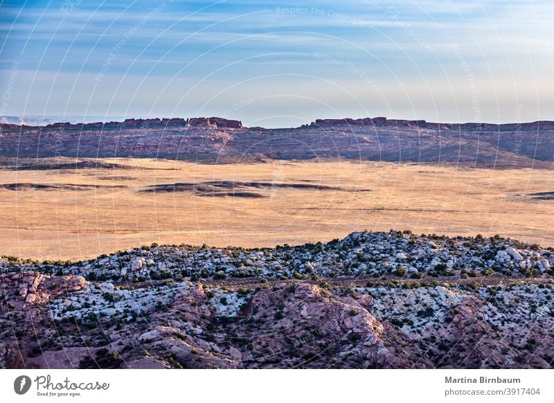 Luftbild-Panoramablick auf den Arches National Park, Utah Nationalpark Bögen gerade oben Felsen Strukturen Antenne Landschaft Luftbildfotografie USA Wildnis