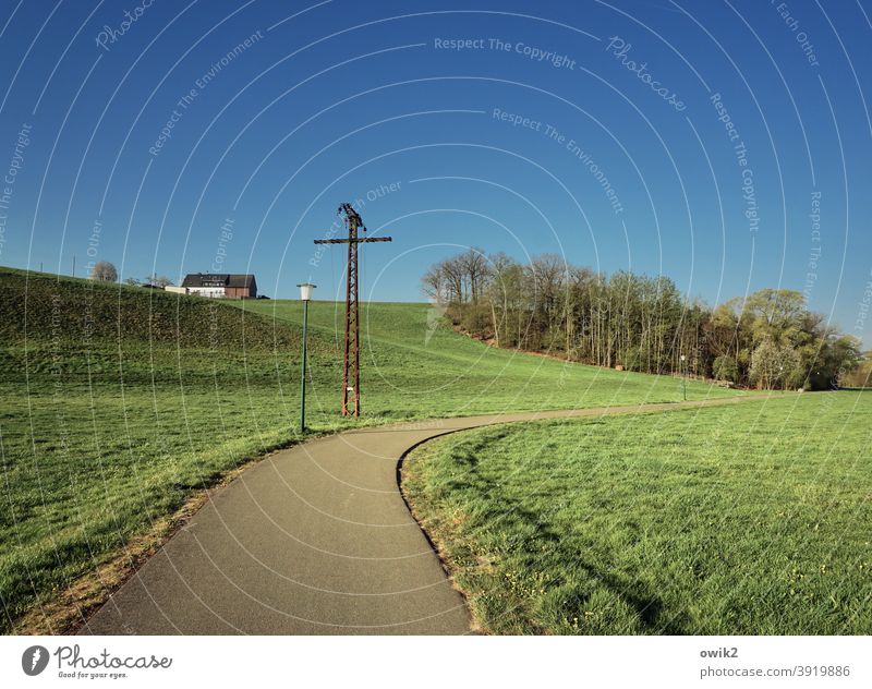 Kreuz des Südens Weg Kurve Wiese Hang Haus oben Landschaft Wald Sträucher Bäume Strommast alt Asphalt Straße Wolkenloser Himmel Idylle unterwegs Natur