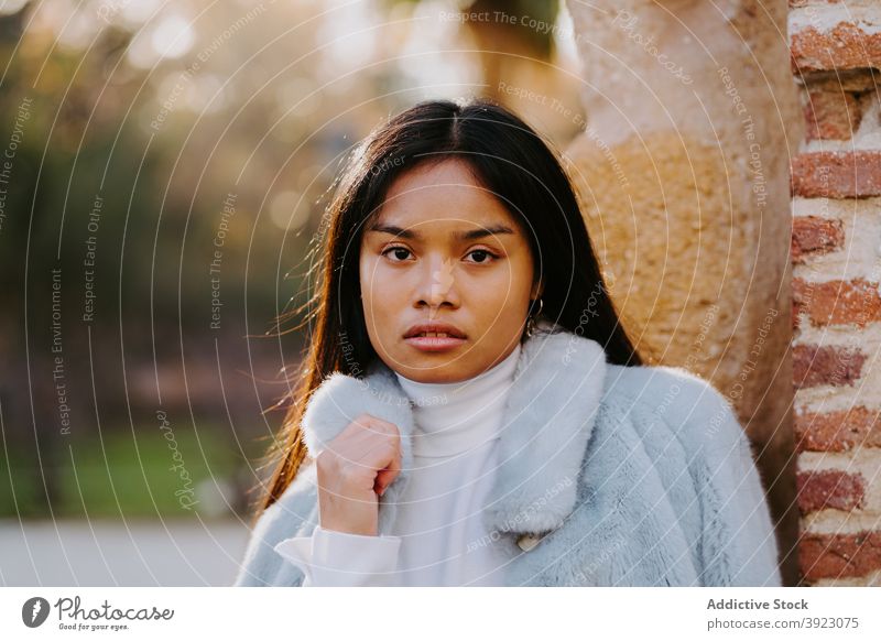 Charmante Frau stehend im Park charmant sorgenfrei Model lange Haare Outfit Stil lässig ethnisch Stein Gebäude fettarm ruhen jung sich[Akk] entspannen froh