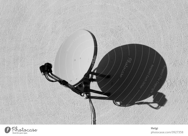 auf Empfang - Satellitenschüssel im Sonnenlicht wirft Schatten auf eine weiße Wand Licht Außenaufnahme Menschenleer Haus Mauer Antenne Fassade Gebäude Kontrast