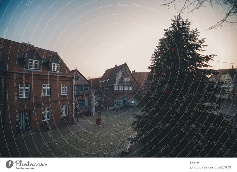 Ein menschenleerer verlassener Weihnachtsmarkt mit einem schönen großen geschmückten Weihnachtsbaum | corona thoughts Markt Marktplatz Beleuchtung Fachwerkhaus