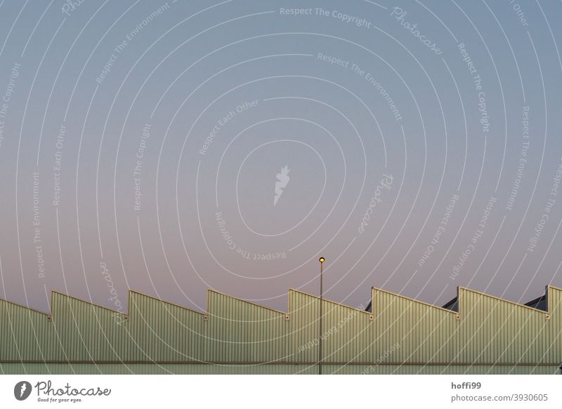 lindgrüne Zickzack Fassade mit Lampe vor winterlichem Abendhimmel beim Sonnenuntergang Industriefotografie Lagerhalle Winterlicht Sonnenuntergangslicht