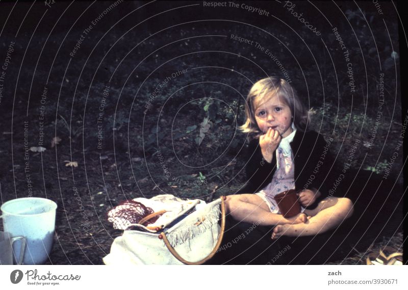 Picknick im Blaubeerfeld Mädchen Kind Kindheit Natur Wald Blaubeeren Scan Dia analog sitzen picknickdecke Rastplatz Essen naschen