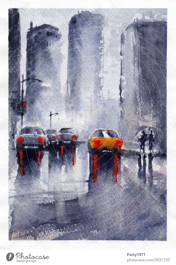 Aquarellmalerei. Strassenszene im Regen Stadt nass Autos Hochhaus Reflexion & Spiegelung Verkehr melancholie grau Personen Regenschirm Malerei Kreativität Kunst