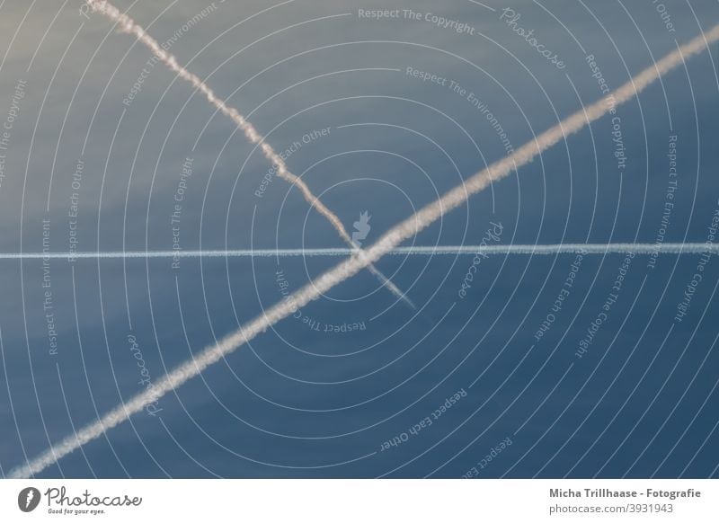 Kreuzende Kondensstreifen am Himmel Flugzeug Luftverkehr Wolken fliegen kreuzen kreuzend Schönes Wetter Außenaufnahme Sonnenschein Farbfoto Ferne Tag