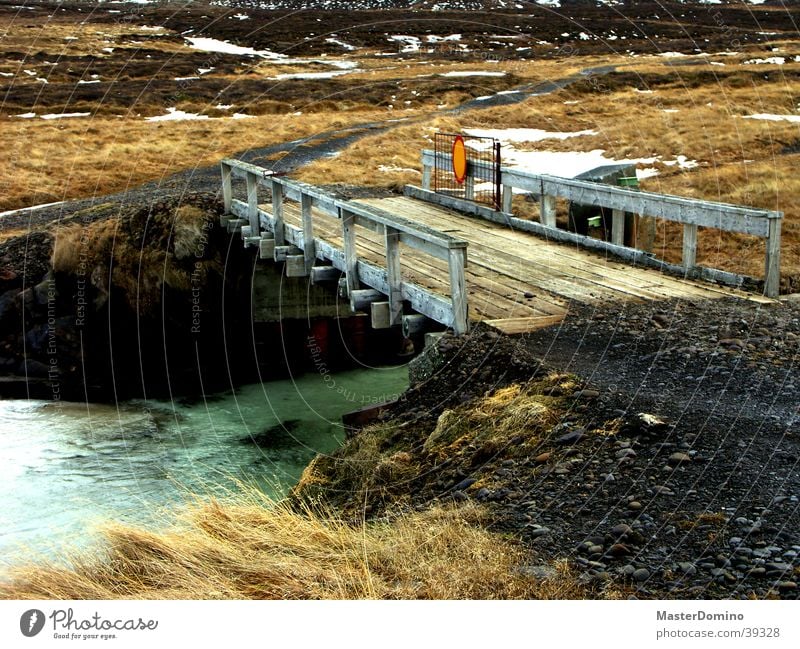 Brücke Verkehrszeichen Holz Island Fluss Eis Wege & Pfade Schilder & Markierungen alt Eisfluss Natur Kies