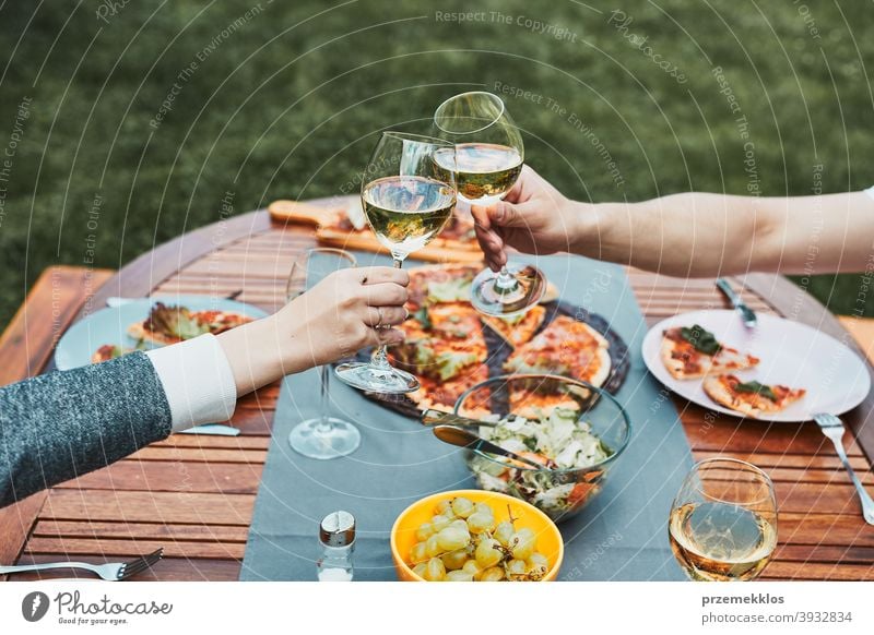 Freunde machen Toast während Sommer-Picknick im Freien Abendessen in einem Haus Garten Hinterhof Getränk Feier Speise trinken Essen Familie Festessen