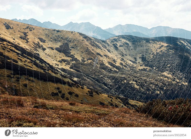 Tatra Gebirge Landschaft. Scenic Blick auf Berg felsigen Gipfeln, Hängen, Hügeln und Tälern erstaunlich im Freien niemand Urlaub Weg Tourismus Bäume Felsen Top