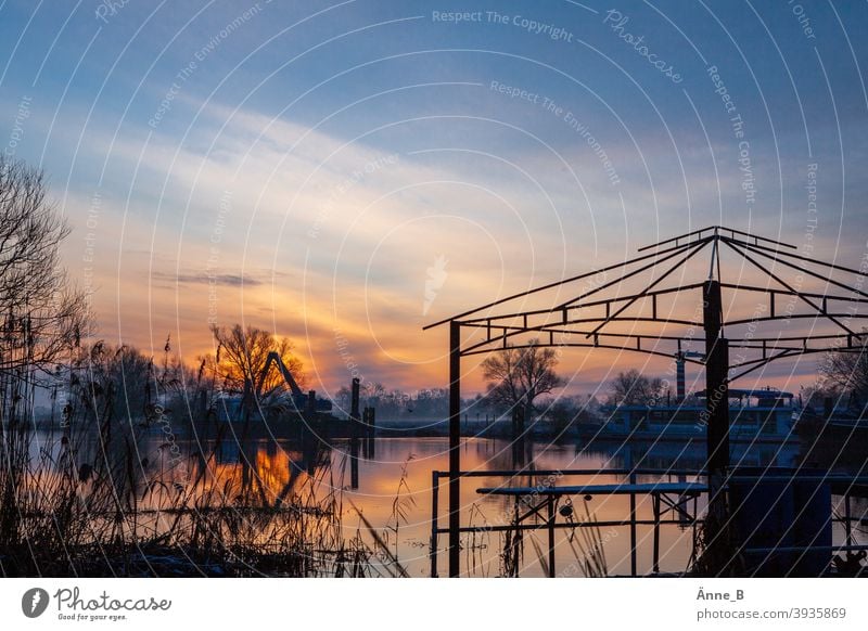 Sonnenaufgang am Fluss Wasser Havel Bäume Gebilde Floß Dach Gerüst Pavillon Dachgerüst Spiegelung Wolken Himmel Silhouette blau rot orange Licht Schatten Wärme